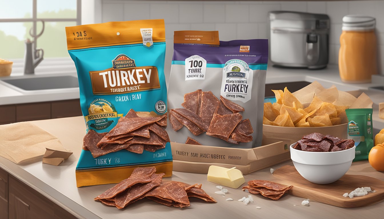 A package of turkey jerky sits on a kitchen counter, surrounded by other snacks. The jerky is unopened and in good condition