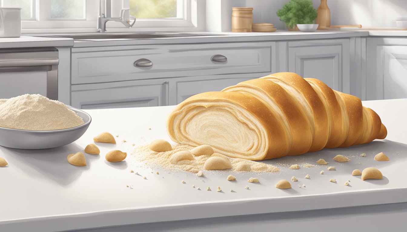 A package of crescent rolls sits on a clean, white kitchen counter, surrounded by a scattering of flour and a few loose crumbs