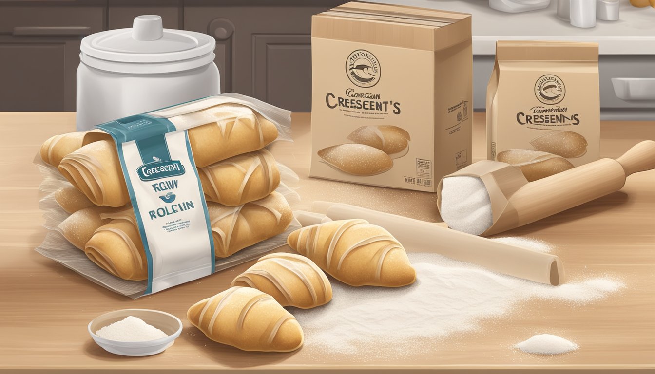 A package of crescent rolls sits on a clean, uncluttered countertop, surrounded by scattered flour and a rolling pin. The rolls appear fresh, with no signs of expiration