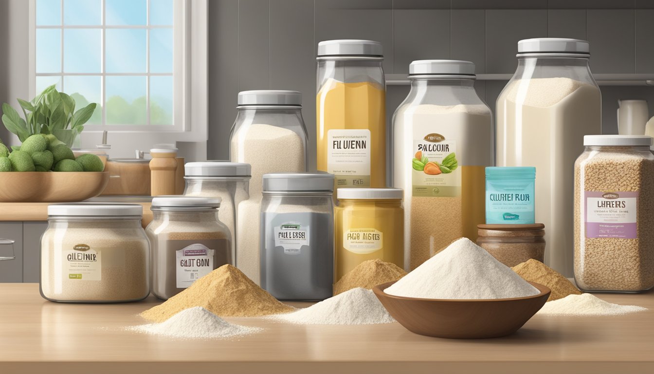 A variety of flour alternatives and gluten-free options displayed on a kitchen counter