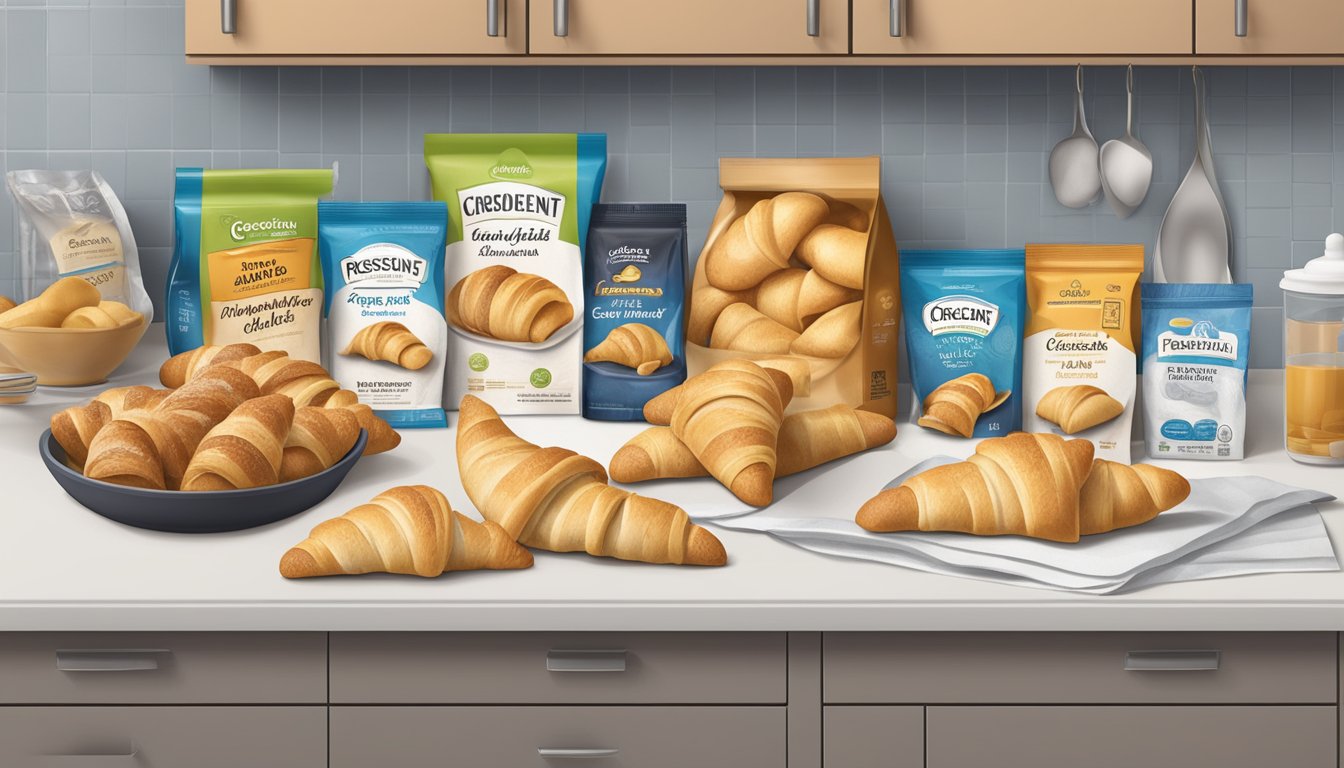 A package of crescent rolls sits on a kitchen counter, surrounded by various expiration dates and health-related symbols