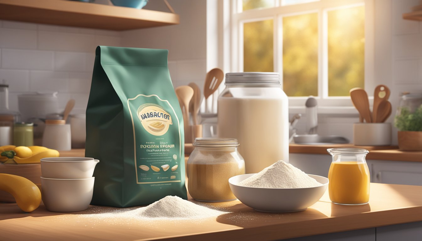 A bag of flour sits on a clean kitchen counter, surrounded by various cooking utensils and ingredients. Sunlight streams in through a nearby window, casting a warm glow on the scene