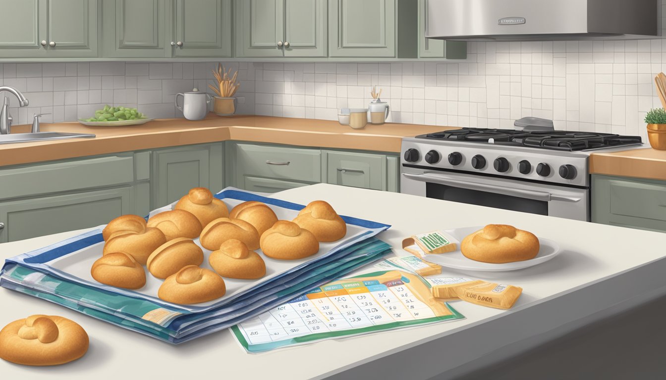 A kitchen counter with a package of crescent rolls next to a calendar showing the expiration date