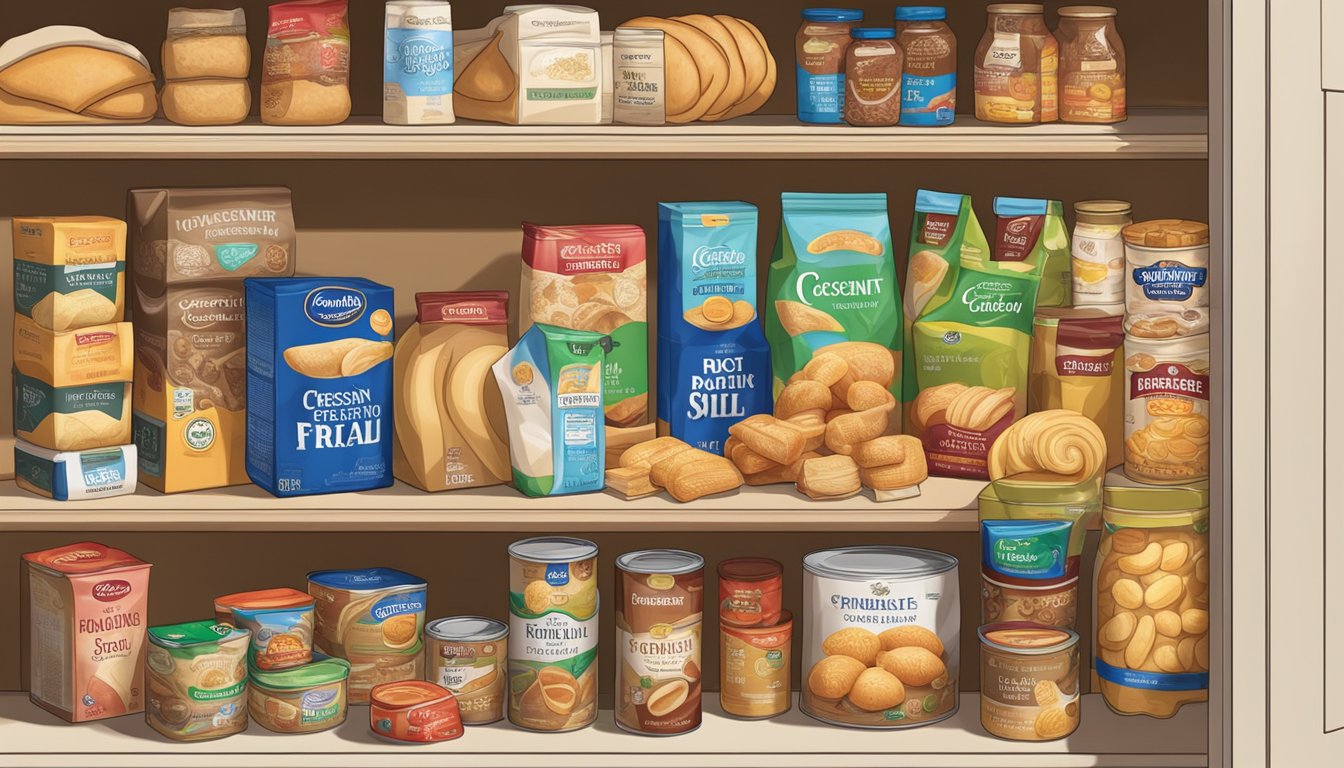 A pantry shelf with a package of crescent rolls, surrounded by other non-perishable food items