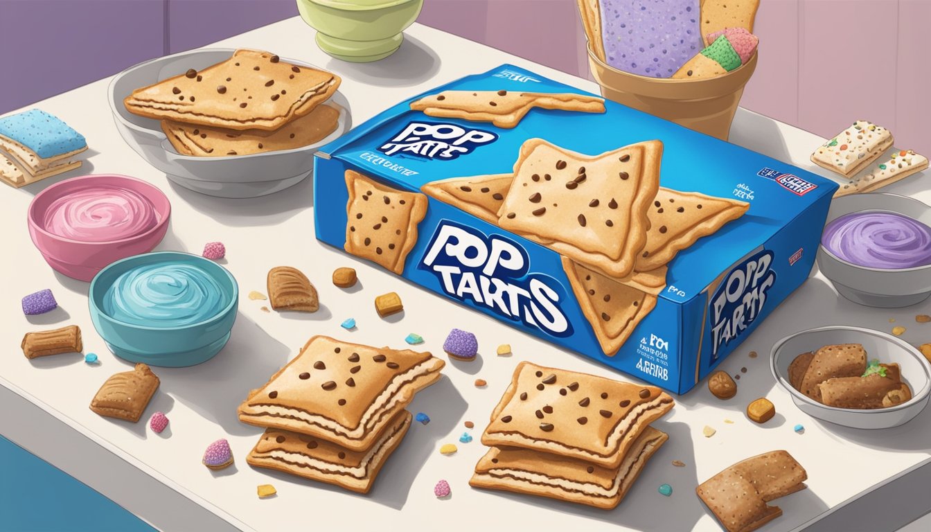 A colorful box of Pop Tarts sits on a kitchen counter, surrounded by scattered crumbs and a few unwrapped pastries