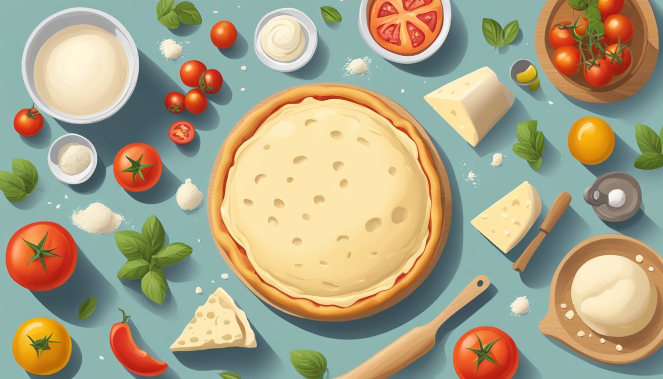 A ball of pizza dough sits on a floured surface, surrounded by scattered ingredients like tomatoes and cheese. A rolling pin and a bowl of olive oil are nearby