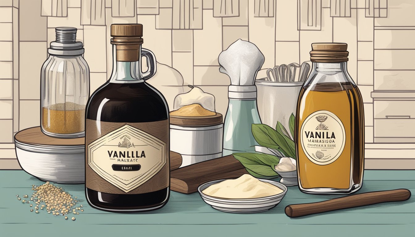 A bottle of vanilla extract sits on a kitchen counter, surrounded by various baking ingredients and utensils. The label on the bottle is slightly worn