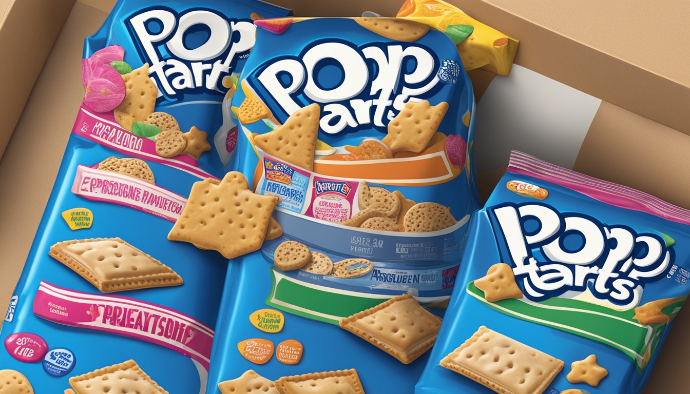 A box of pop tarts sits on a pantry shelf, surrounded by other packaged foods. The expiration date is clearly visible on the packaging