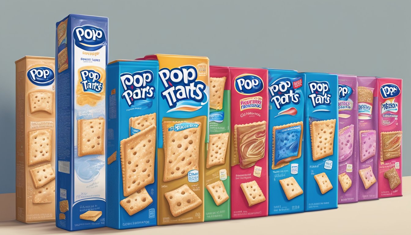 A pantry shelf with expired pop tarts in various flavors, their packaging faded and dusty