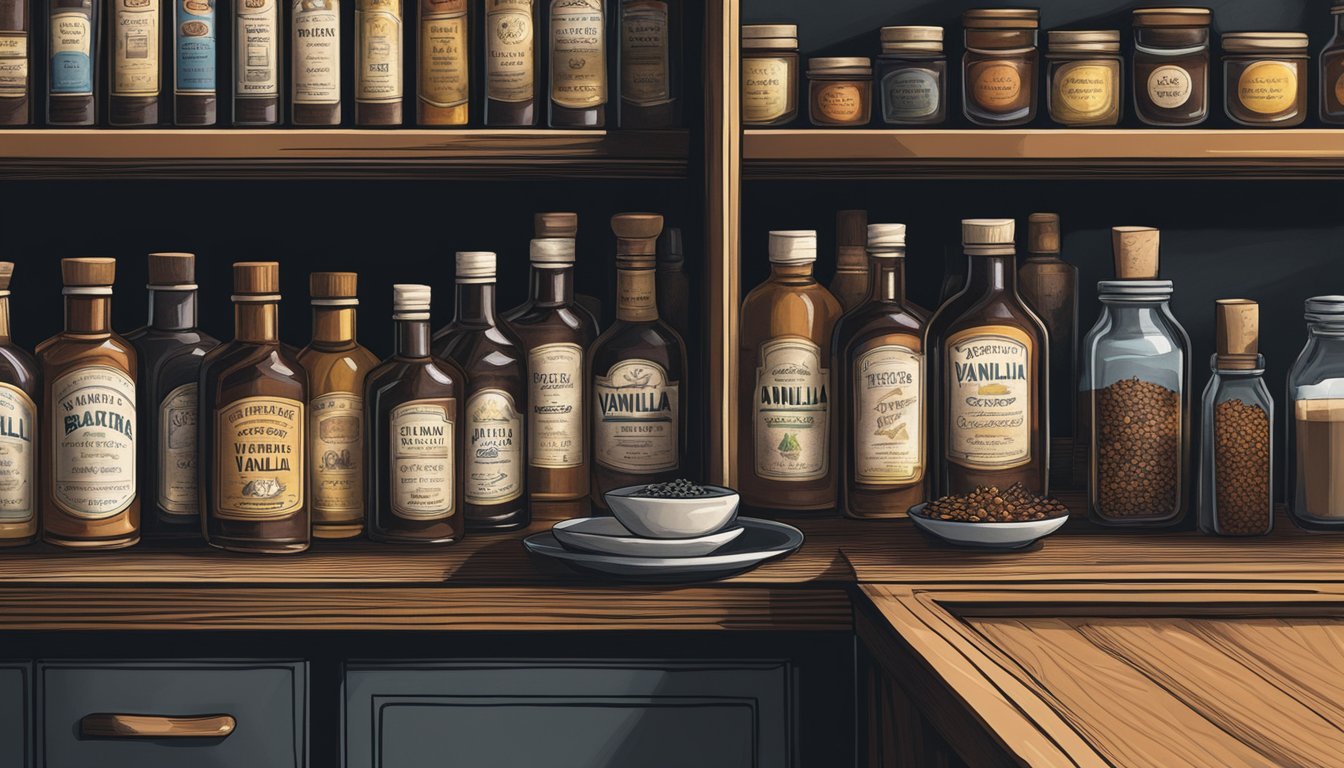 A bottle of vanilla extract sits in a dark, cool pantry. Nearby, a shelf holds other baking extracts and spices