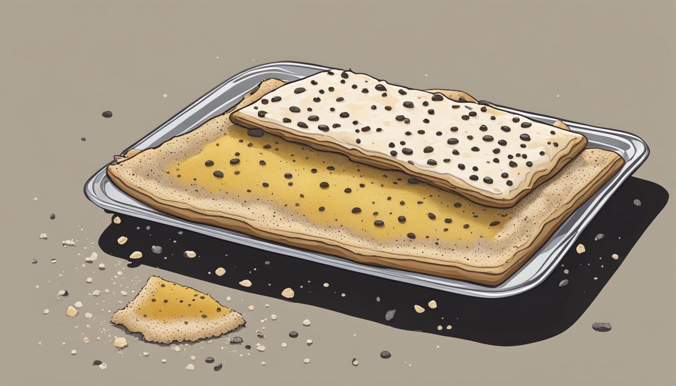 A half-eaten pop tart sits on a kitchen counter, covered in mold and attracting flies