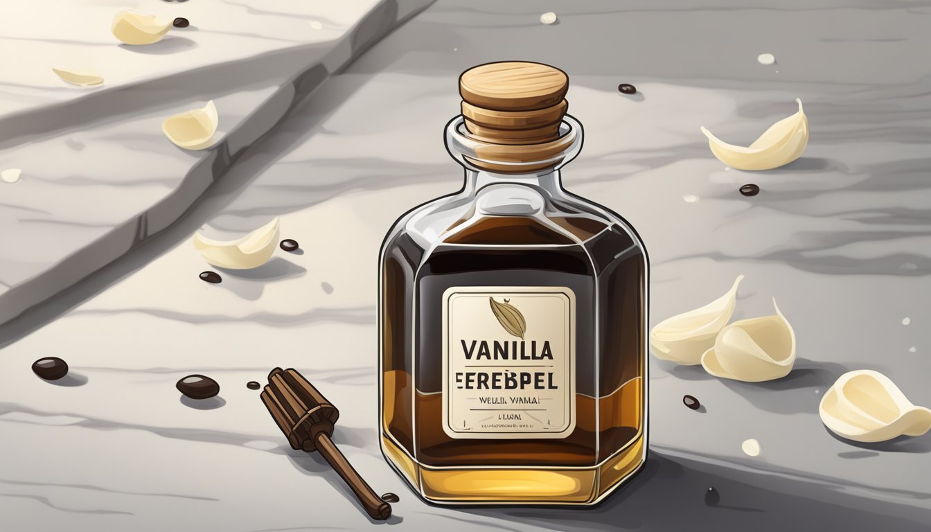 A clear glass bottle of vanilla extract sits on a marble countertop, surrounded by fresh vanilla beans and a few scattered drops of the fragrant liquid