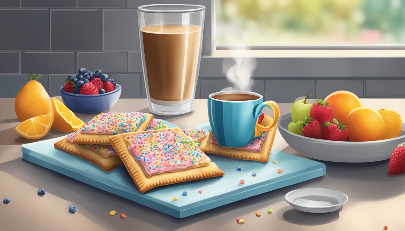 A kitchen counter with a pack of unopened pop tarts, surrounded by fresh fruit and a steaming cup of coffee