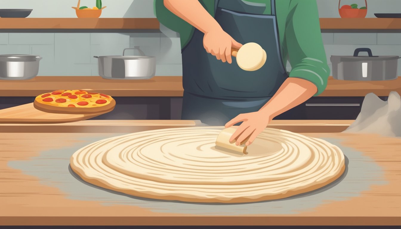 A chef rolling out fresh pizza dough on a floured surface with a wooden rolling pin