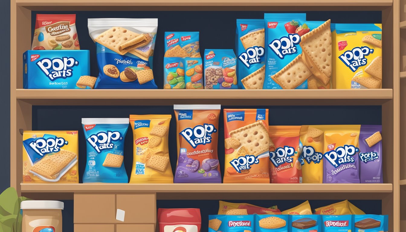 A pantry shelf with an open box of Pop-Tarts, surrounded by other packaged snacks and a calendar showing the current date