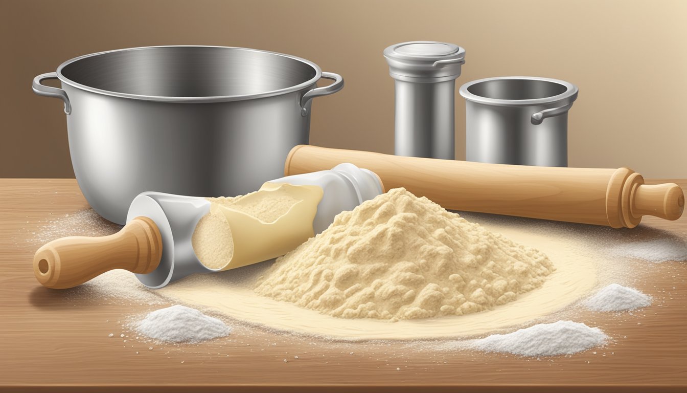 A wooden rolling pin flattening dough surrounded by flour, butter, and a mixing bowl