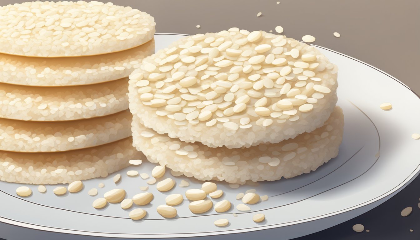 A stack of rice cakes on a clean, white plate with a few crumbs scattered around. A few rice grains are visible on the surface of the cakes