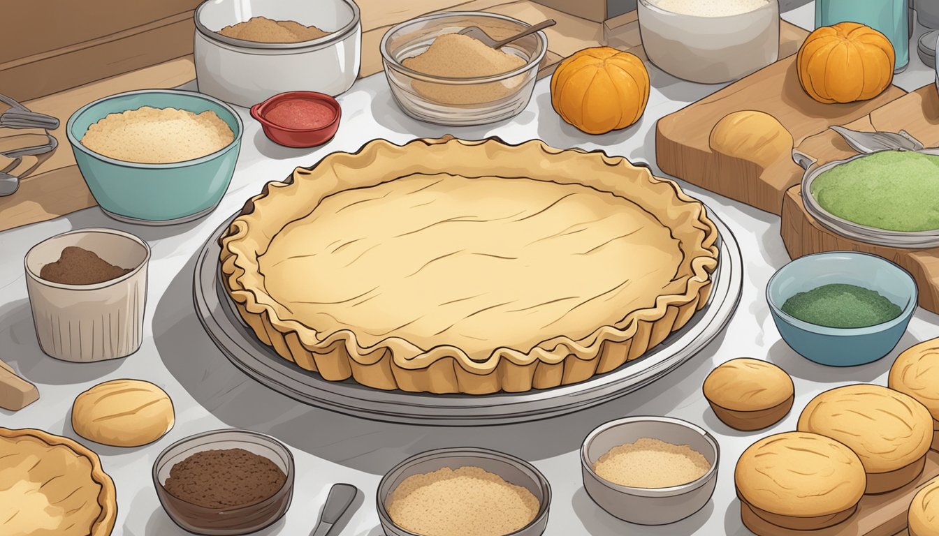 A pie crust sits on a shelf, surrounded by various baking ingredients and utensils. The crust appears dry and crumbly, with a few cracks along the edges