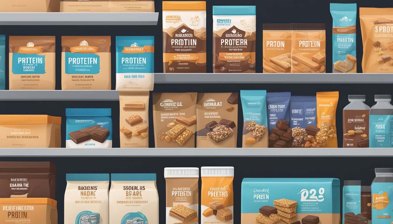 A shelf with neatly organized protein bars in a cool, dry pantry. Some bars are in their original packaging, while others are stored in airtight containers