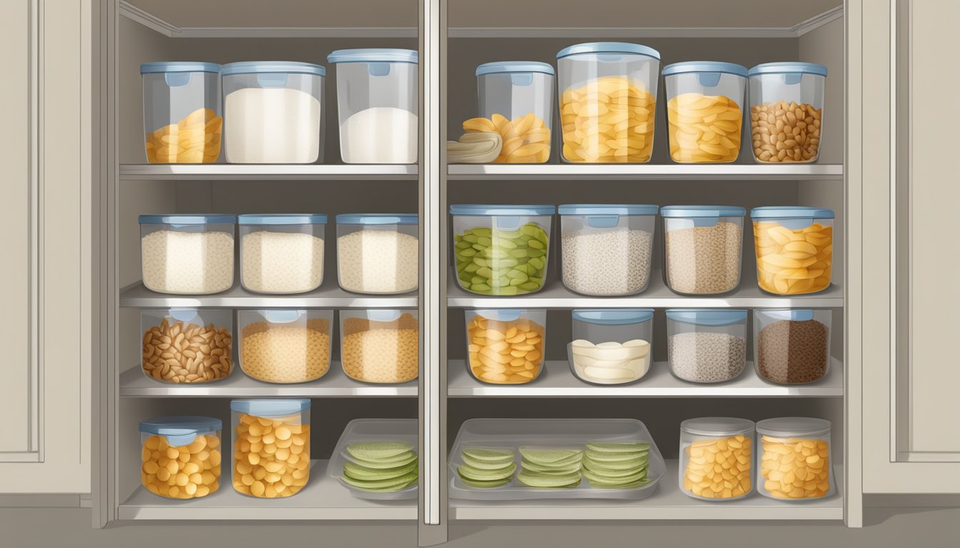 Rice cakes stored in airtight containers on a pantry shelf