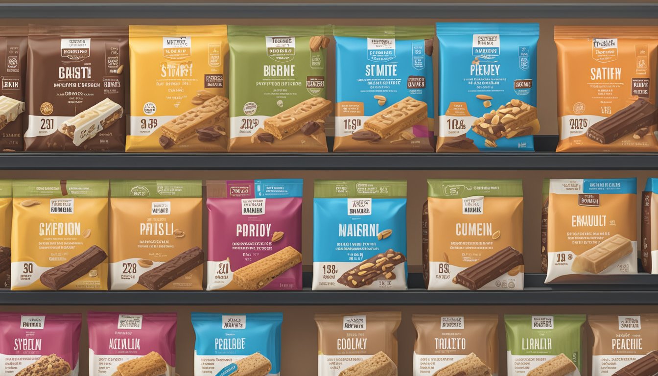 A variety of protein bars displayed on a shelf with expiration dates clearly marked on each package