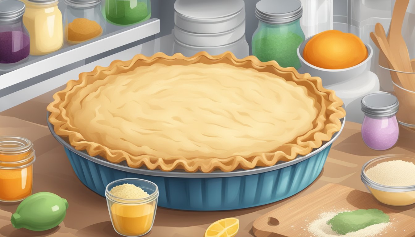 A pie crust is stored in an airtight container in the refrigerator, surrounded by other baking ingredients