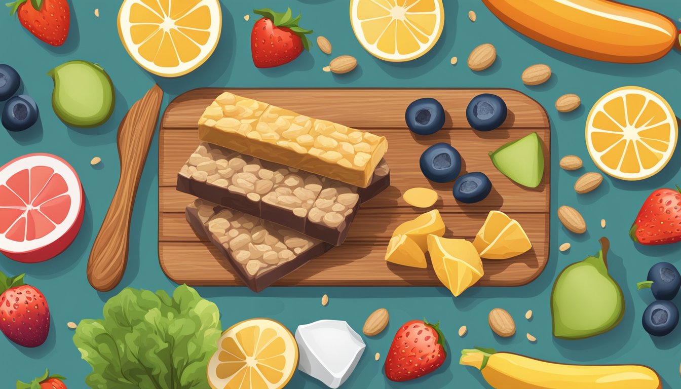 A variety of protein bars, fresh fruits, vegetables, and whole grains arranged on a wooden cutting board