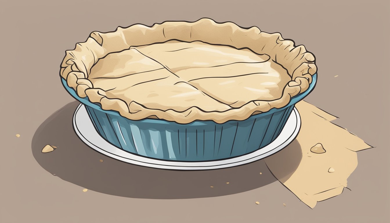 A pie crust sits on a kitchen counter, one half covered with plastic wrap and the other left exposed. The exposed half shows signs of drying and cracking, while the covered half remains fresh and intact