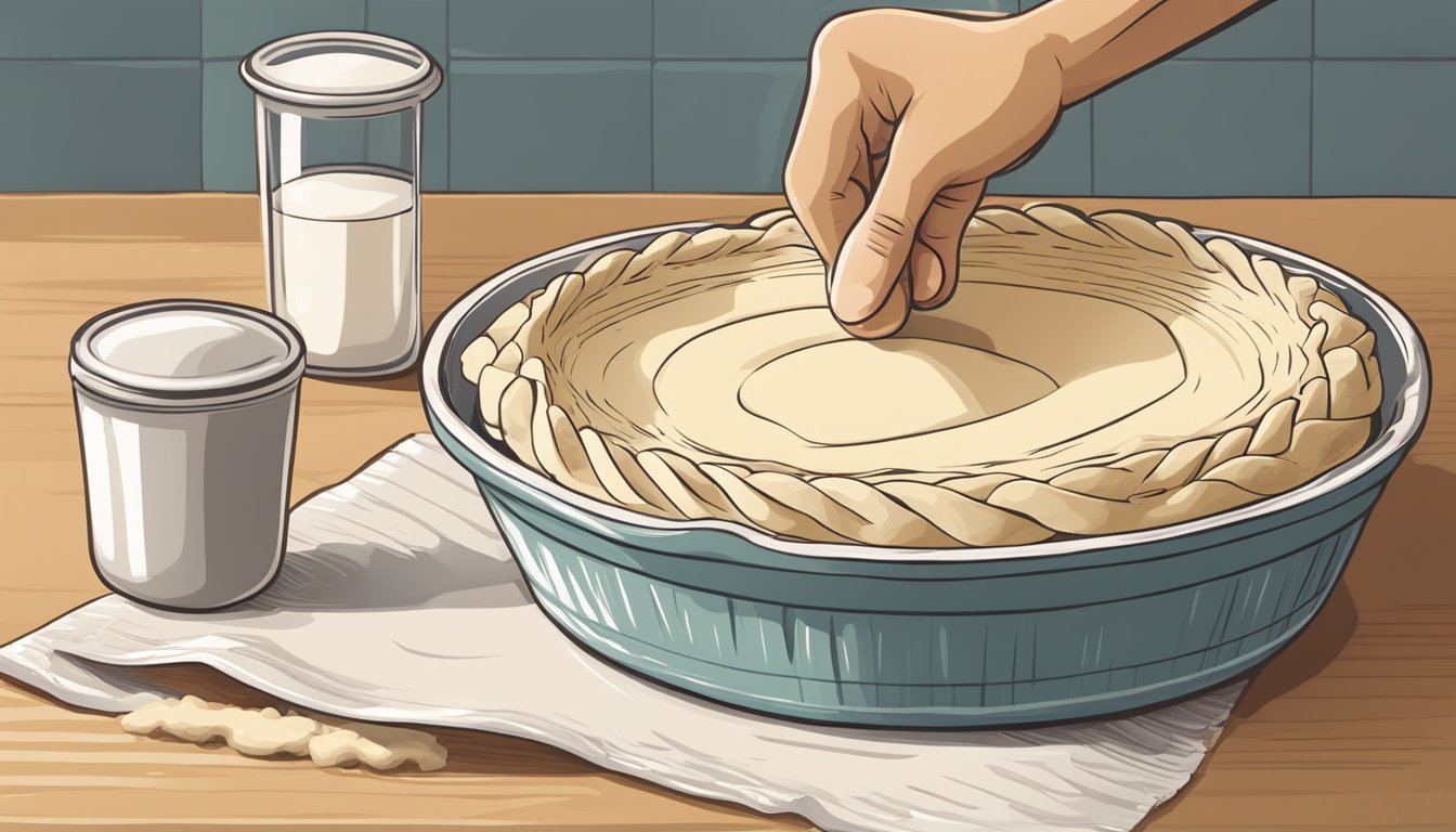 A rolling pin on a floured surface, with a pie crust being rolled out and shaped in a pie dish