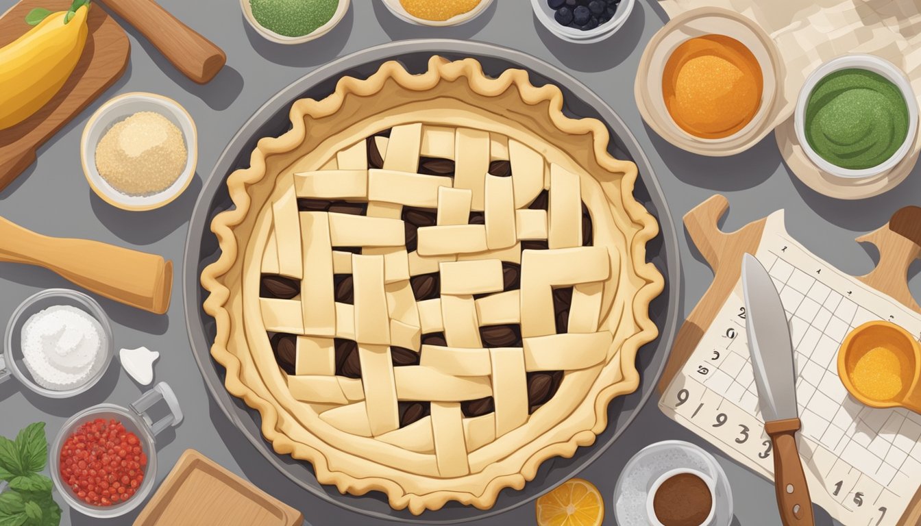 A pie crust sits on a kitchen counter, surrounded by various ingredients and utensils. A calendar on the wall indicates the current date