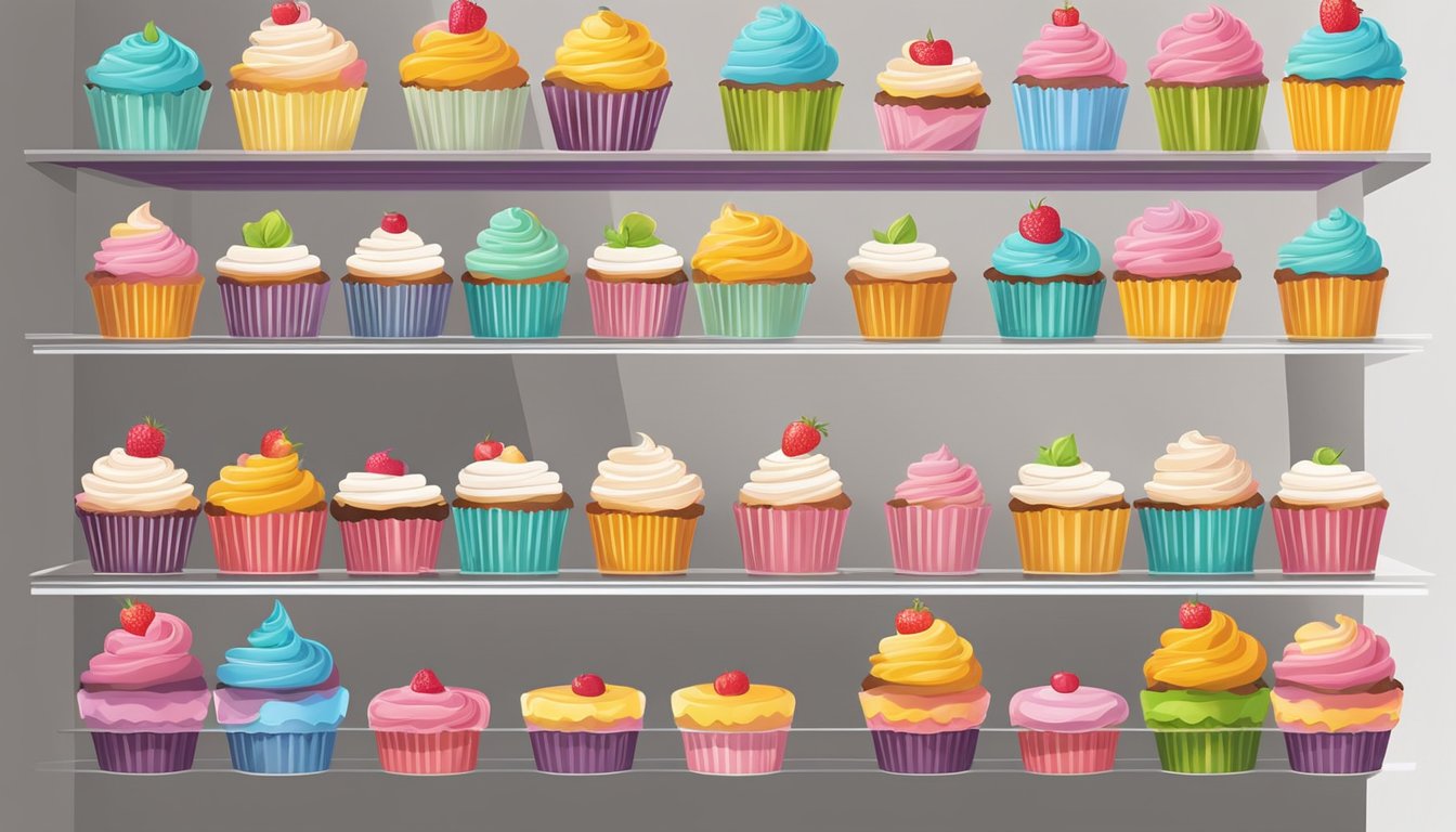 A row of cupcakes sits on a shelf, wrapped in plastic and sealed containers. The shelf is in a cool, dry environment, with no signs of spoilage