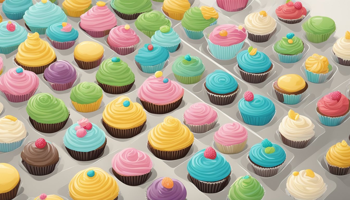 A colorful array of cupcakes on a clean, well-lit counter, with a clear expiration date label visible on the packaging