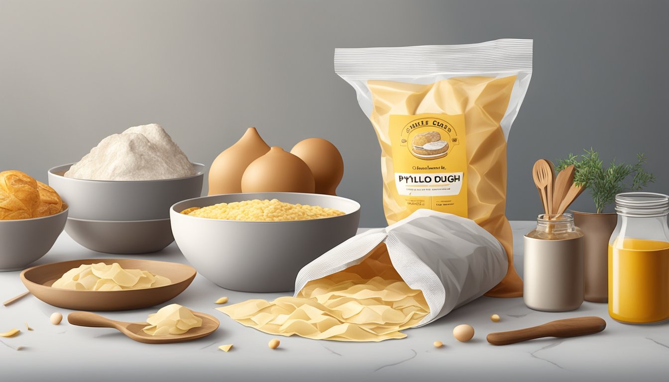 A package of phyllo dough sits unopened on a kitchen counter, surrounded by various baking ingredients and utensils