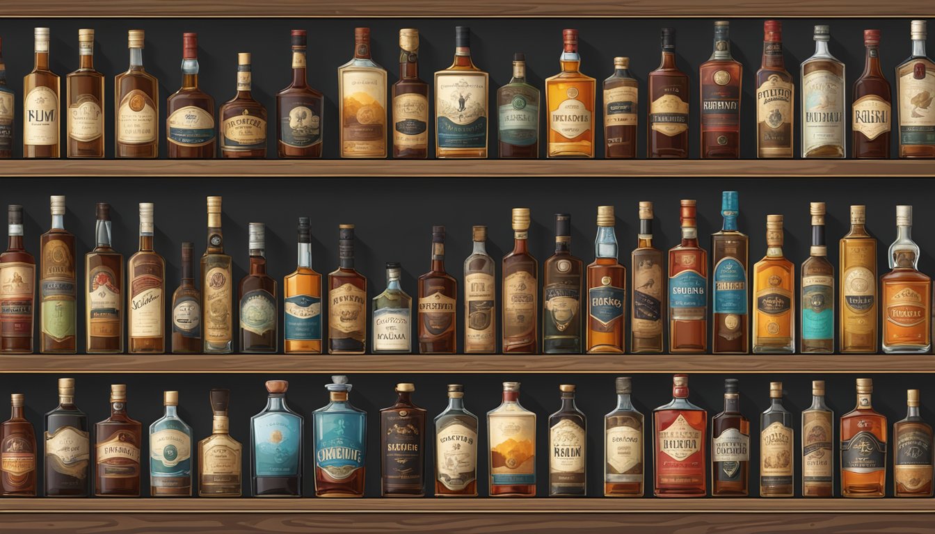 A shelf of assorted rum bottles, some dusty and aged, others sleek and new, with various labels and colors