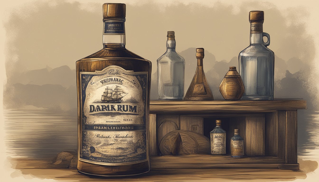 A bottle of rum sits neglected on a dusty shelf, its label faded and peeling. The liquid inside has darkened with age, giving off a musty, stale odor