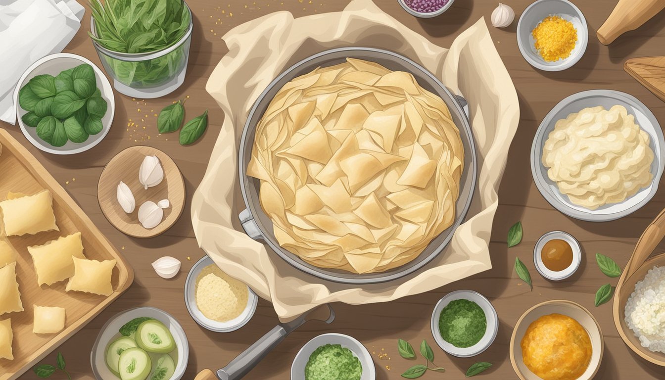 A box of phyllo dough sits open on a clean kitchen counter, surrounded by bowls of various ingredients and a rolling pin