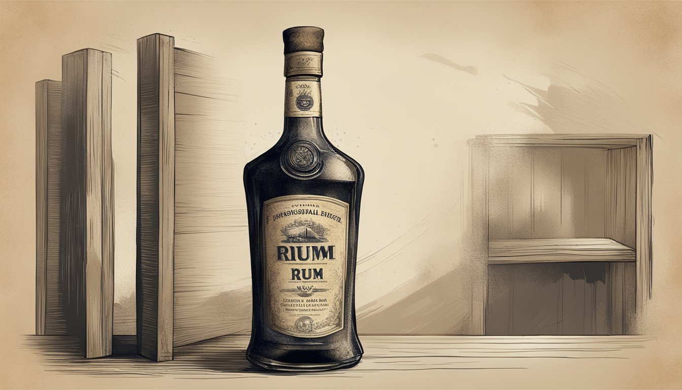 A bottle of rum sits on a dusty shelf, its label faded and peeling. The liquid inside appears murky and discolored, hinting at its age and potential spoilage