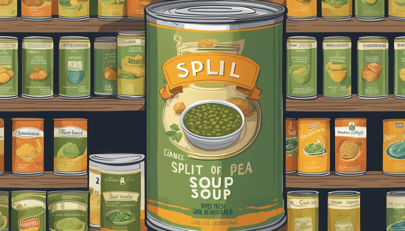 A can of split pea soup sits on a shelf, surrounded by other canned goods. The label is slightly worn, but the can appears intact