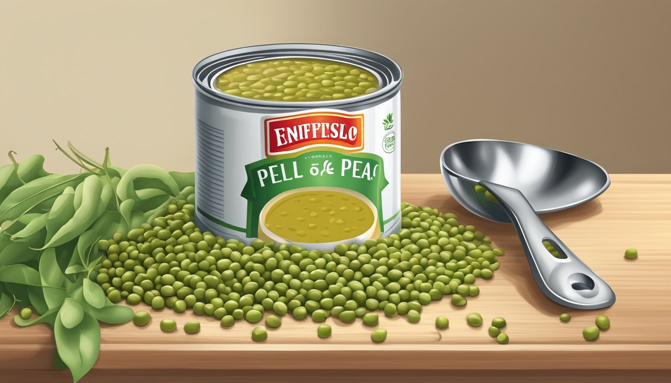 A can of split pea soup sits on a kitchen counter, surrounded by a can opener, spoon, and a small pile of dried split peas