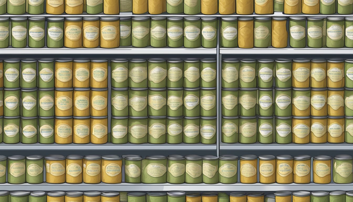 A pantry shelf with neatly organized rows of canned split pea soup, with expiration dates clearly visible