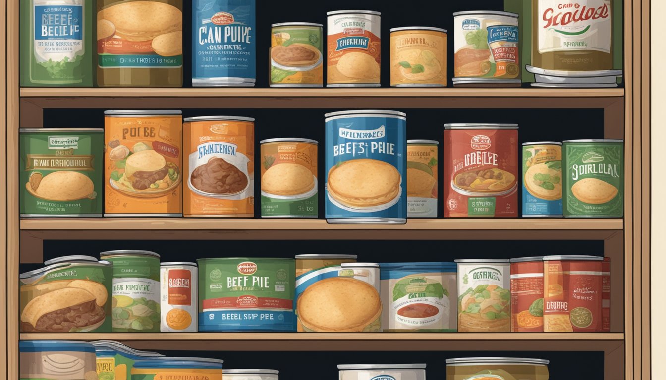 A can of beef pot pie sits on a pantry shelf, surrounded by other canned foods. The label is faded and the can shows signs of wear