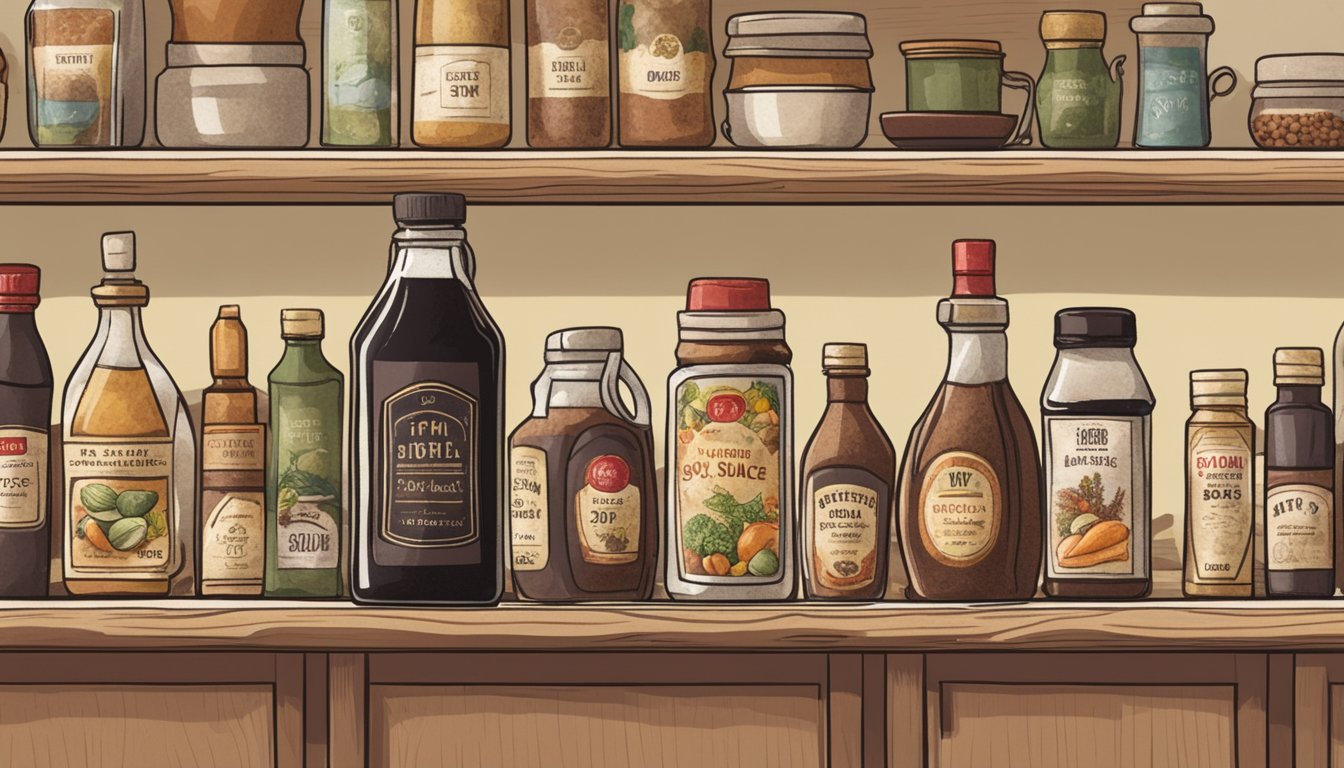 A bottle of soy sauce sits on a kitchen shelf, surrounded by various condiments and spices. The label is slightly faded, indicating its age