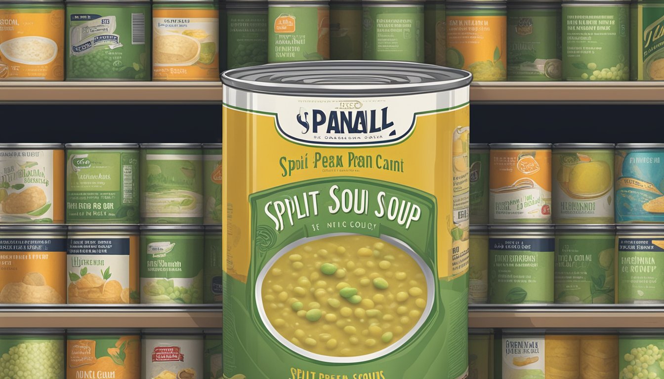 A can of split pea soup sits on a shelf, surrounded by other canned goods. The label is faded, and there is a small dent in the side of the can