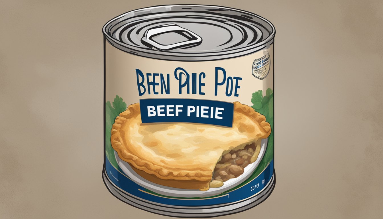 A can of beef pot pie sits on a shelf, its label faded and dented. The expiration date is long past, and the contents inside appear discolored and moldy