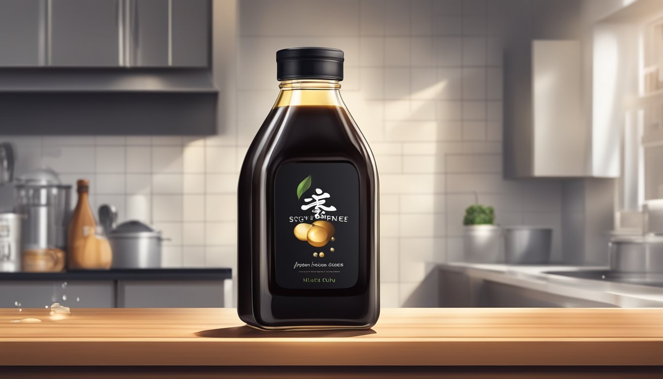 A bottle of soy sauce with a dark, translucent liquid inside, sitting on a kitchen counter with a few drops spilling out