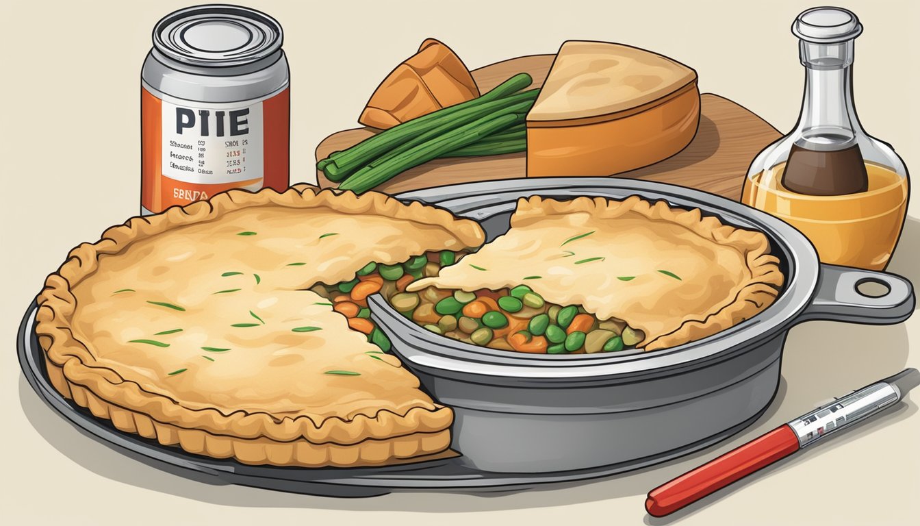 A can of beef pot pie surrounded by a calendar, thermometer, and expiration date label