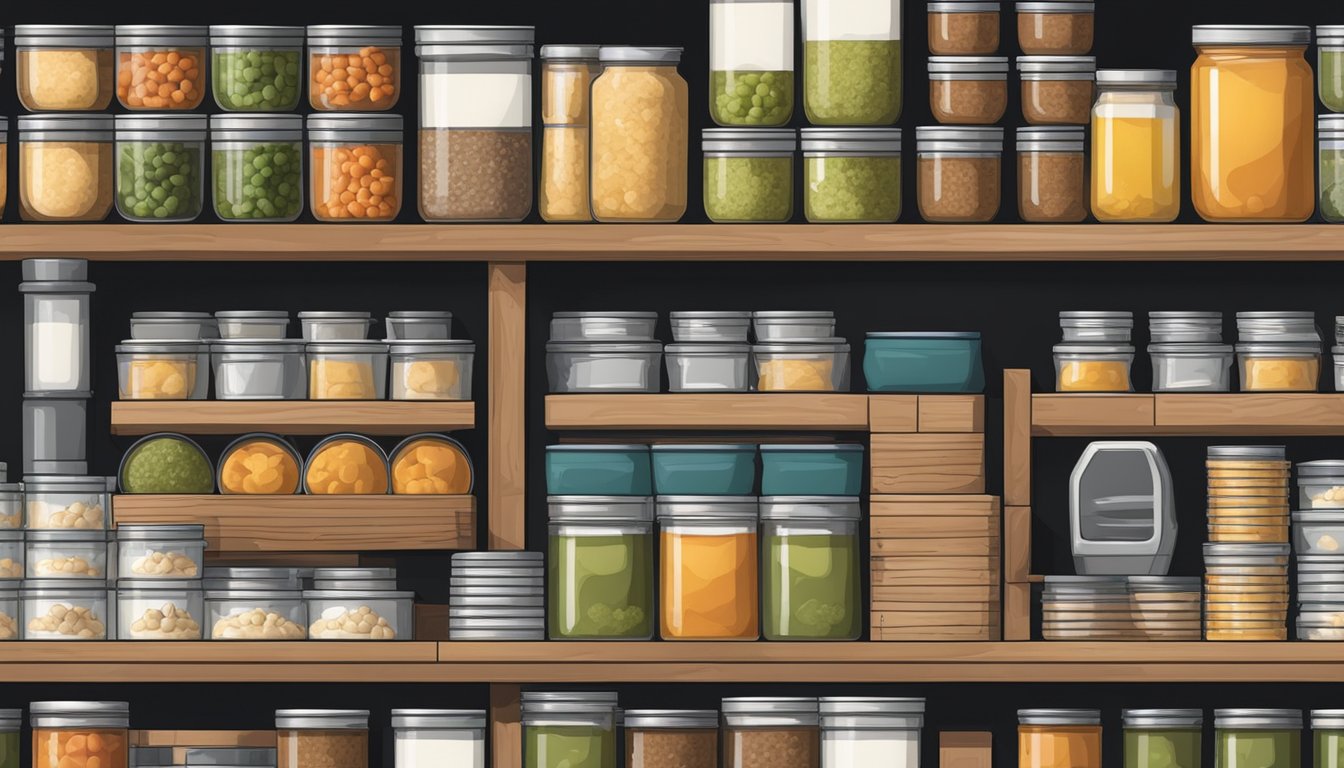 A pantry with neatly organized shelves of canned beef pot pies