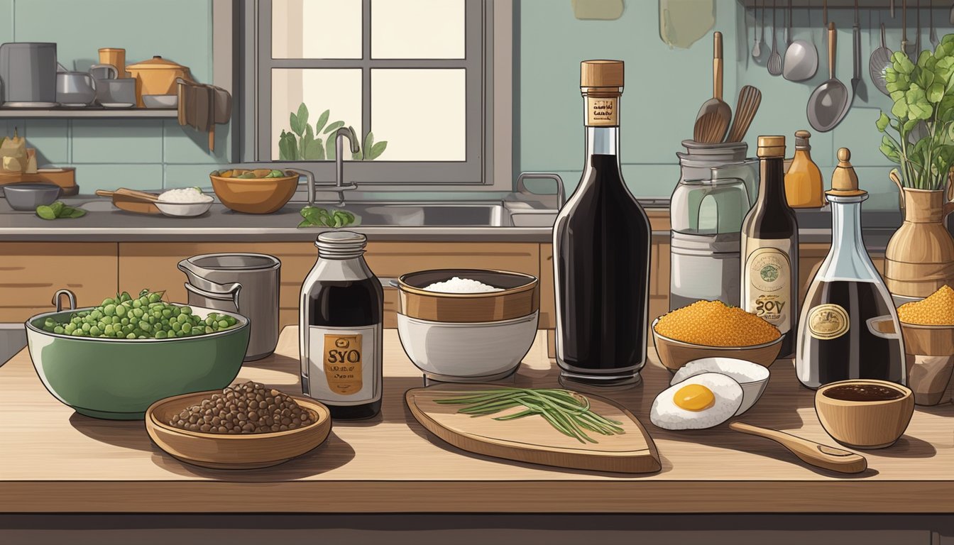 A bottle of soy sauce sits open on a kitchen counter, surrounded by various cooking ingredients and utensils