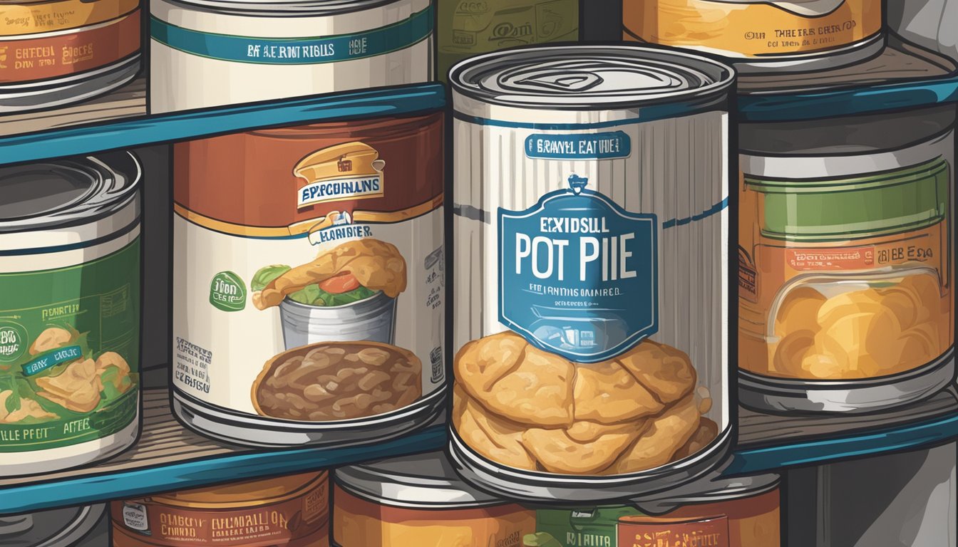 A can of beef pot pie sits on a pantry shelf, surrounded by other canned goods. The label shows the expiration date