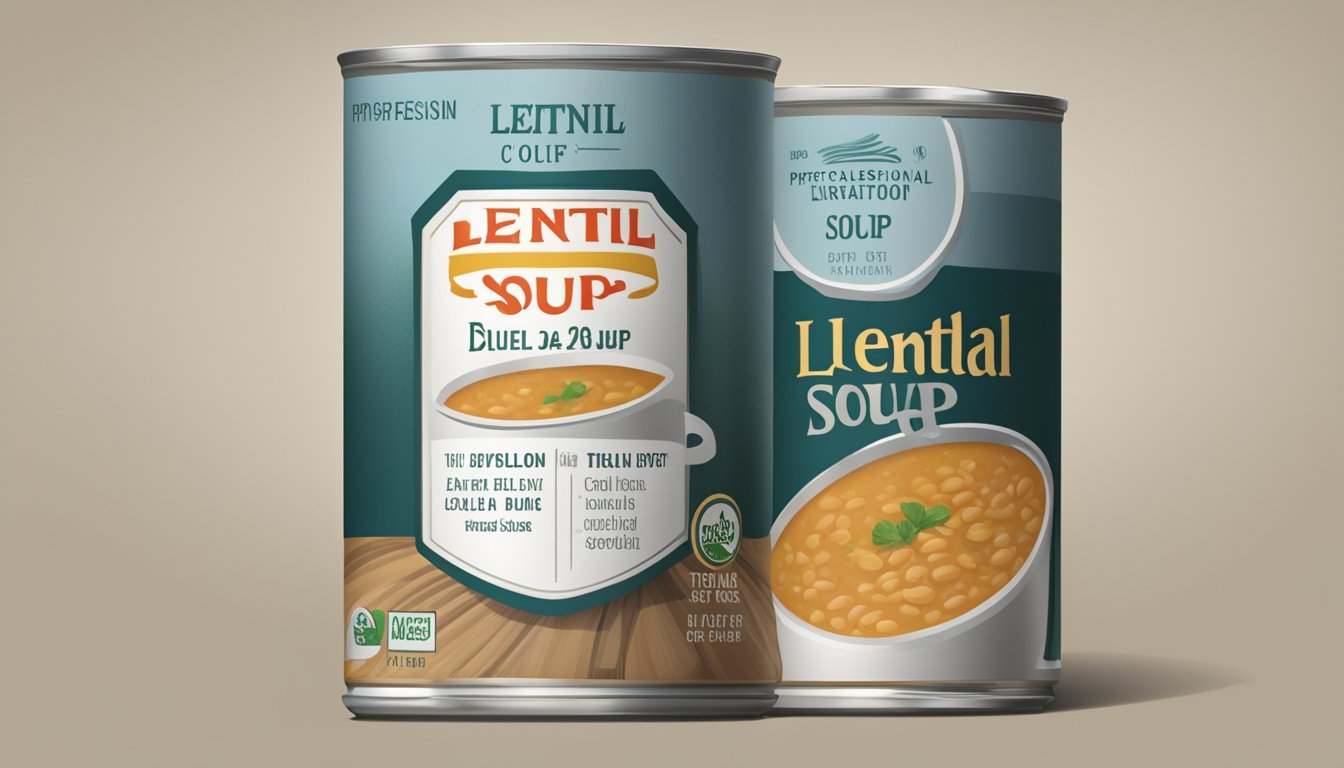 A can of lentil soup sits on a kitchen counter, with an expiration date clearly visible on the label. The soup inside the can appears discolored and has a foul odor